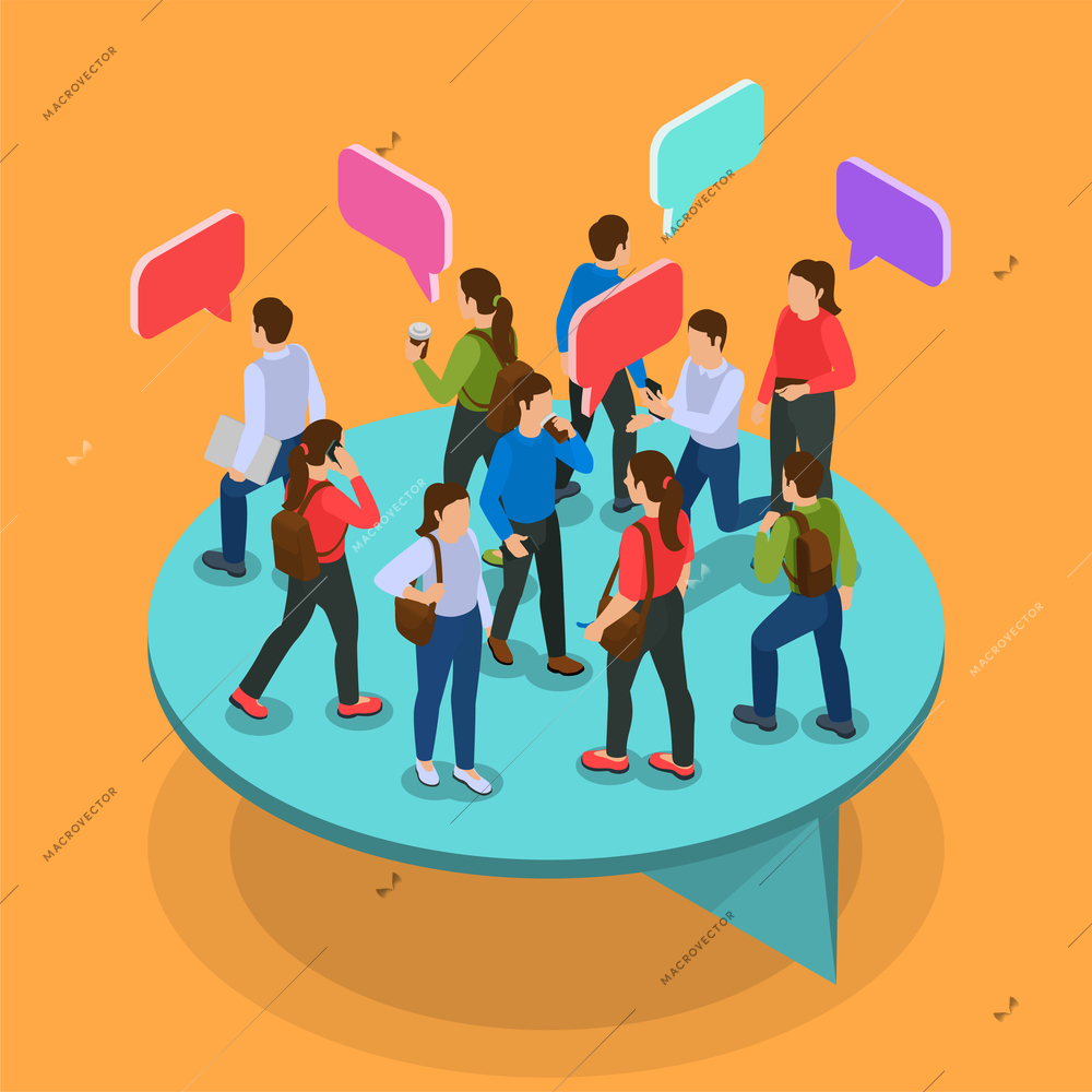 Community isometric orange background with group of walking young people with colored dialog speech bubbles  vector illustration