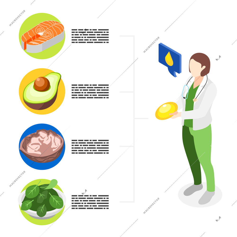 Omega 3 isometric background with healthy food products vector illustration