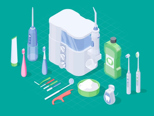 Dental hygiene isometric background with oral hygiene products and cleaning tools vector illustration
