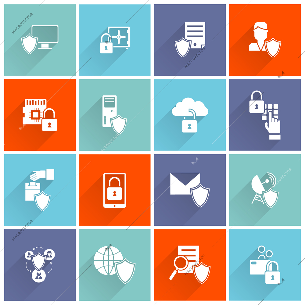 Information security cyber data protection computer network icon flat set isolated vector illustration