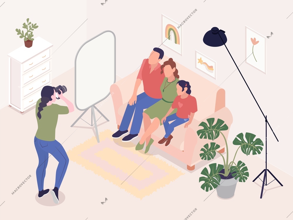 Photo session isometric background with invitee professional female photographer shooting family sitting on sofa in home interior vector illustration