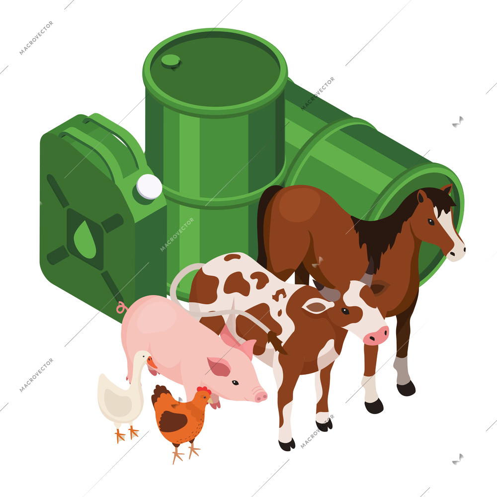 Bio fuel production isometric composition of storage cans canister and horse with cow pig and poultry vector illustration