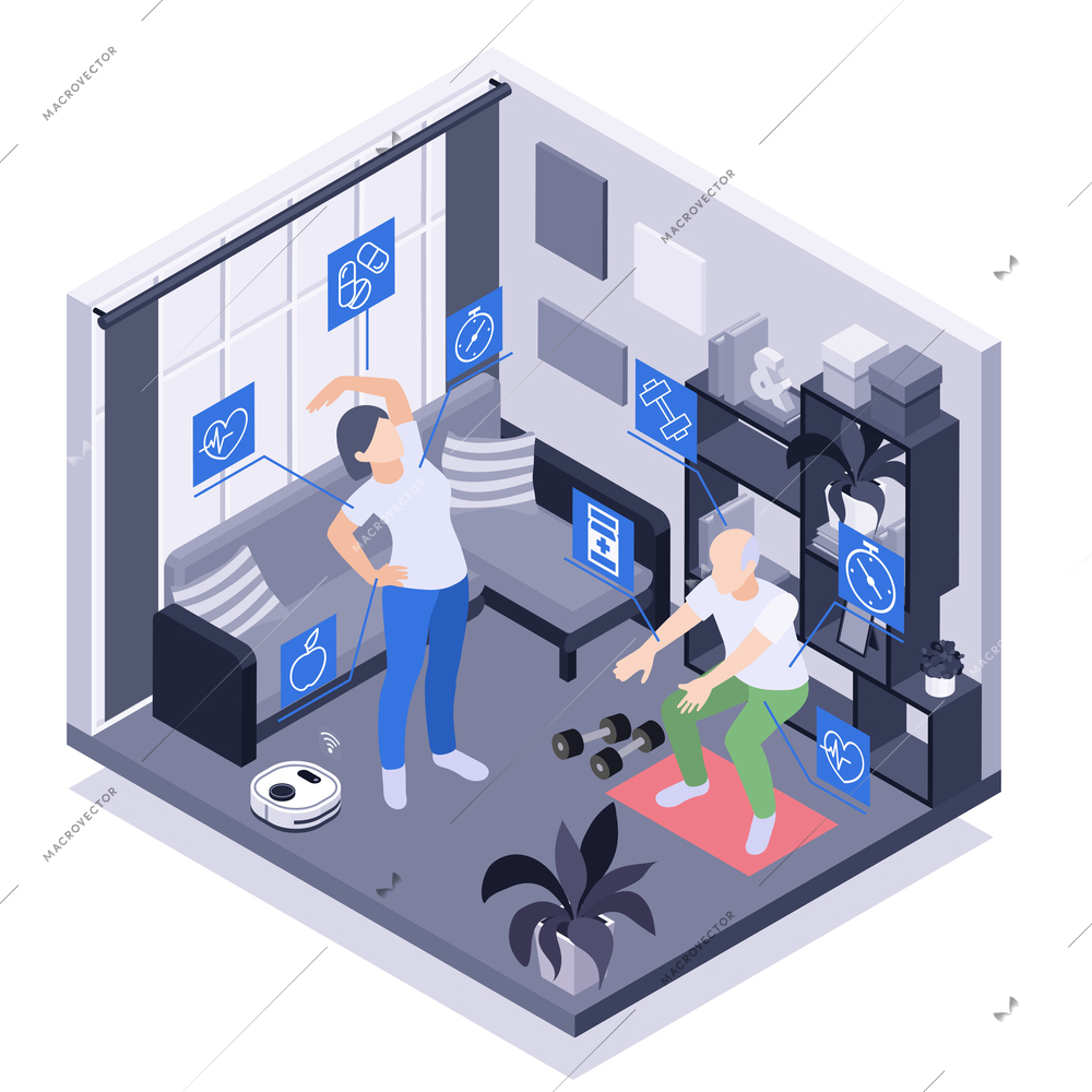 Senior healthcare healthy aging composition with food meds and cardio workout icons living room and couple vector illustration