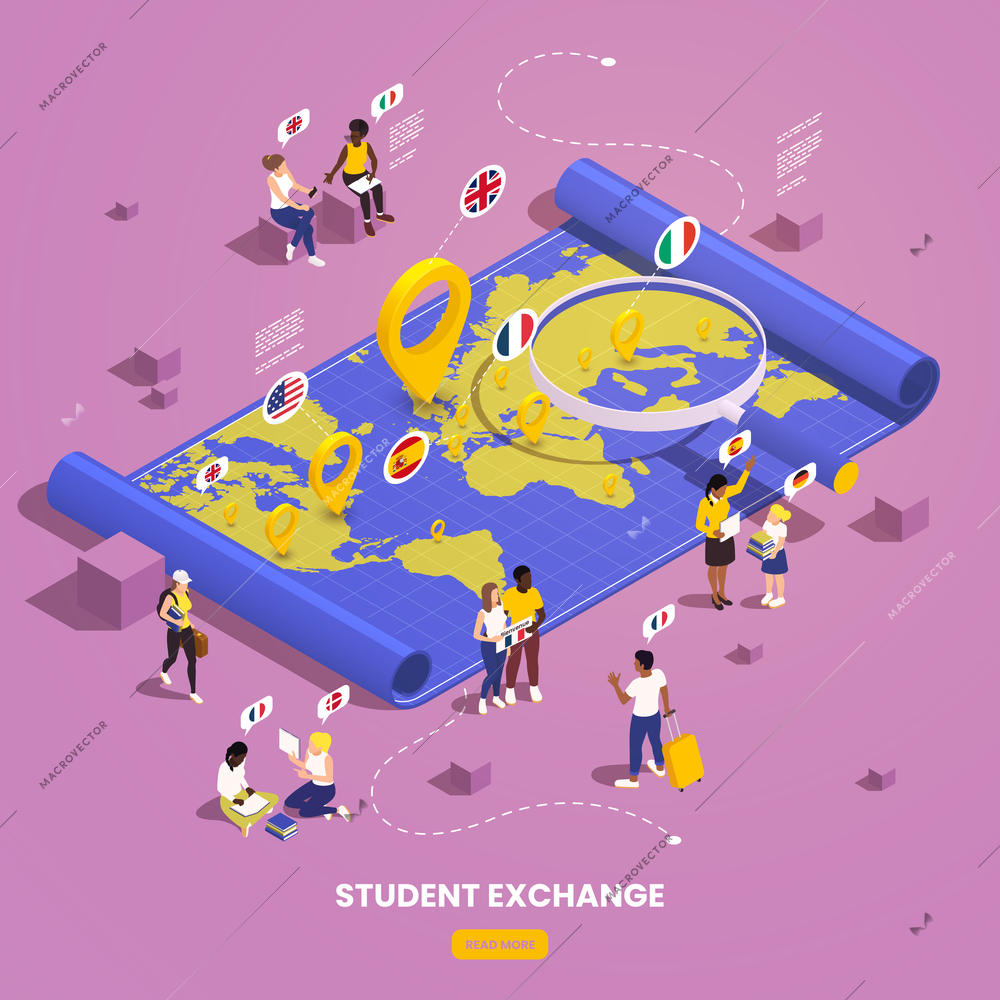 Global education student exchange isometric composition with paper map of earth with location pins national flags vector illustration