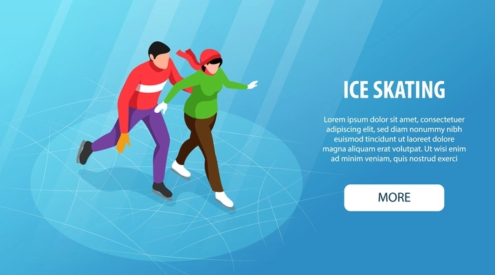 Ice skating horizontal blue background web banner with couple on rink 3d isometric vector illustration