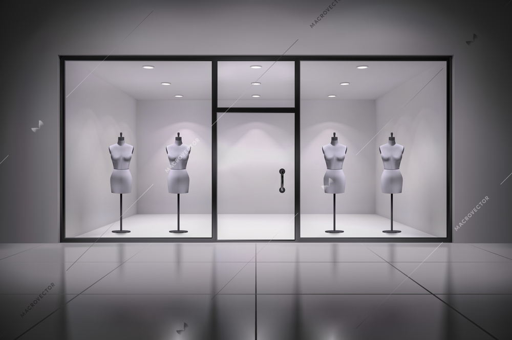 Realistic 3d store showcase interior with mannequins background vector illustration