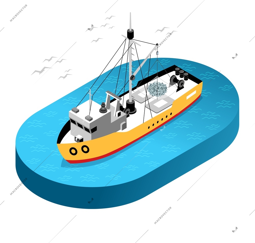 Isometric commercial fishing boat with net at sea and flying seagulls 3d vector illustration
