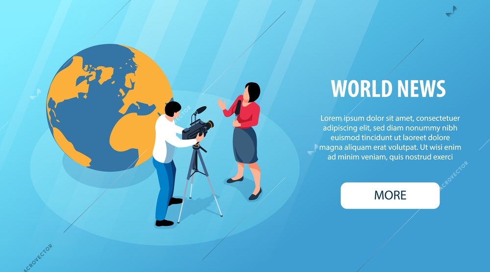 World news isometric horizontal web banner with globe and professional tv studio workers presenter with microphone and cameraman vector illustration