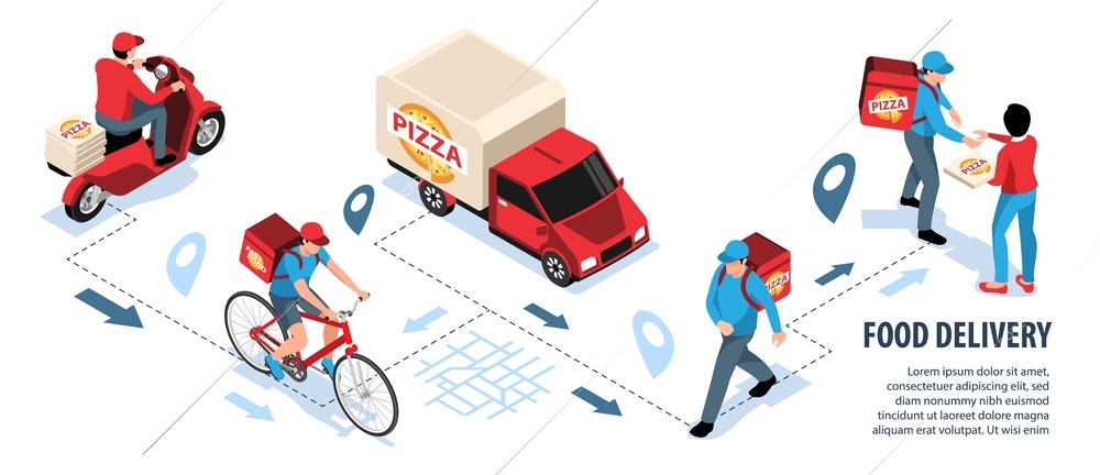 Food delivery isometric infographics with couriers delivering pizza 3d vector illustration