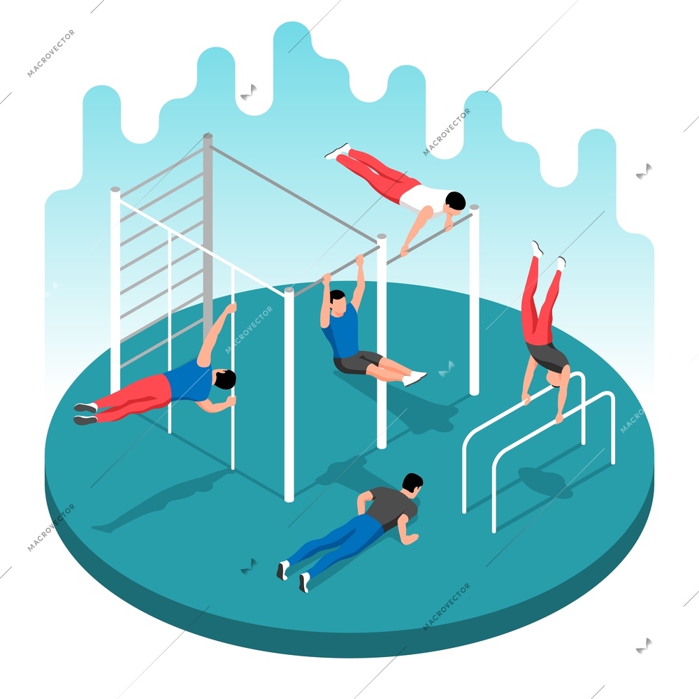 Street workout composition with five male athletes doing push ups and pull ups on bars 3d isometric vector illustration
