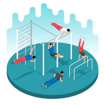 Street workout composition with five male athletes doing push ups and pull ups on bars 3d isometric vector illustration