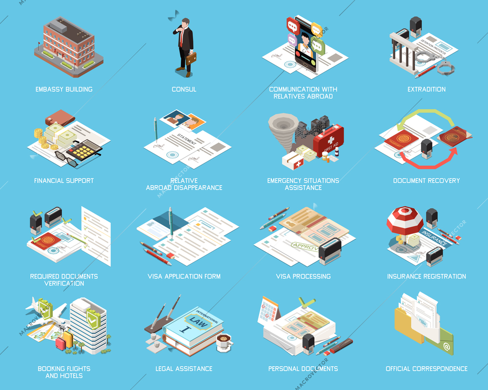 Embassy services support isometric set representing visa application form booking flights and hotels insurance registration extradition functions isolated vector illustration