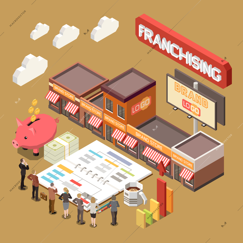 Franchising isometric background with business model of branch network finance profit and royalties icons vector illustration