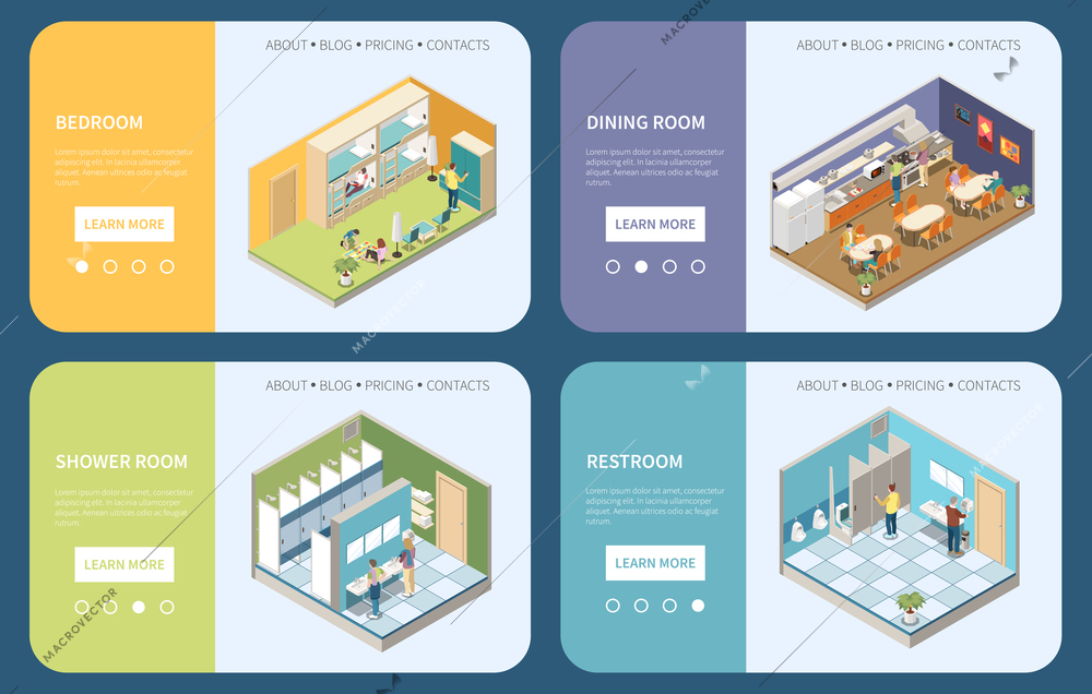 Hostel isometric landing pages providing information about bedroom shower room restroom dinning room vector illustration