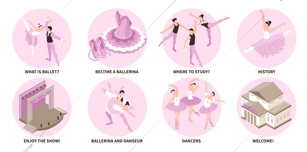 Isometric ballet composition set with ballerinas and danseurs isolated vector illustration