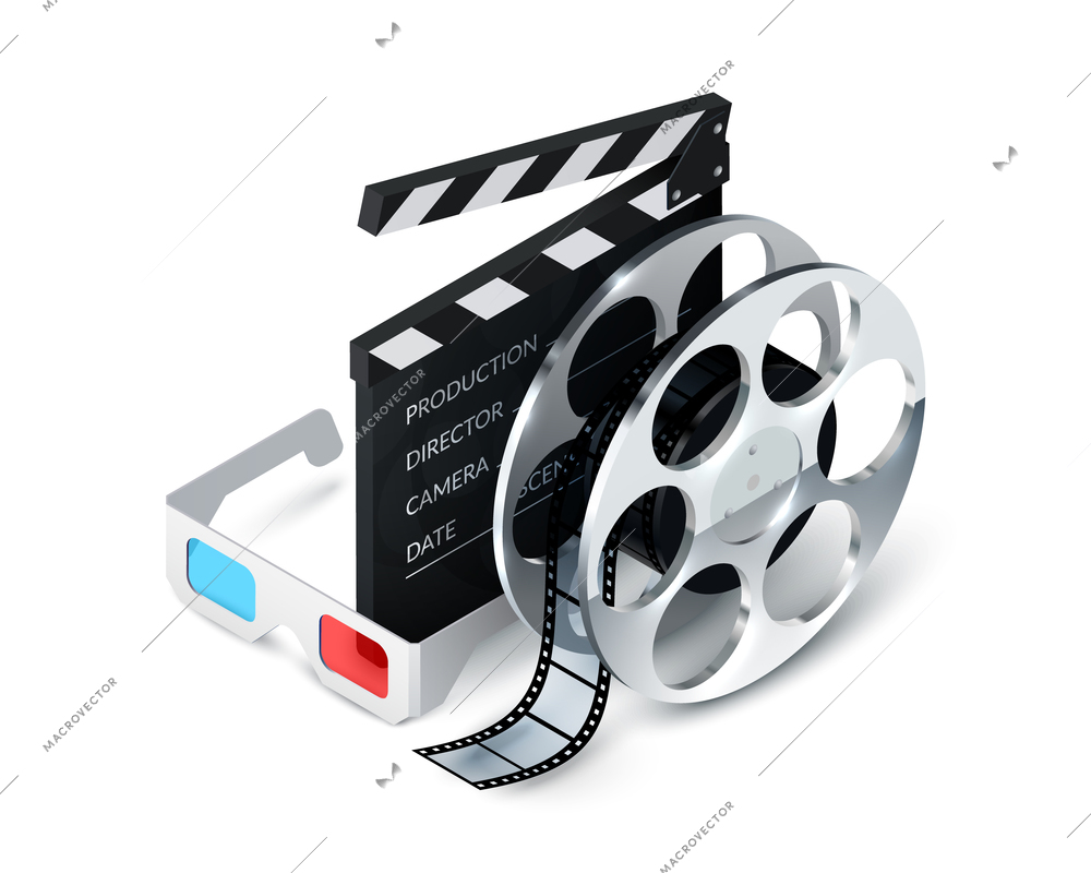 Cinema concept realistic with 3d glasses film strip clapper decorative icons vector illustration