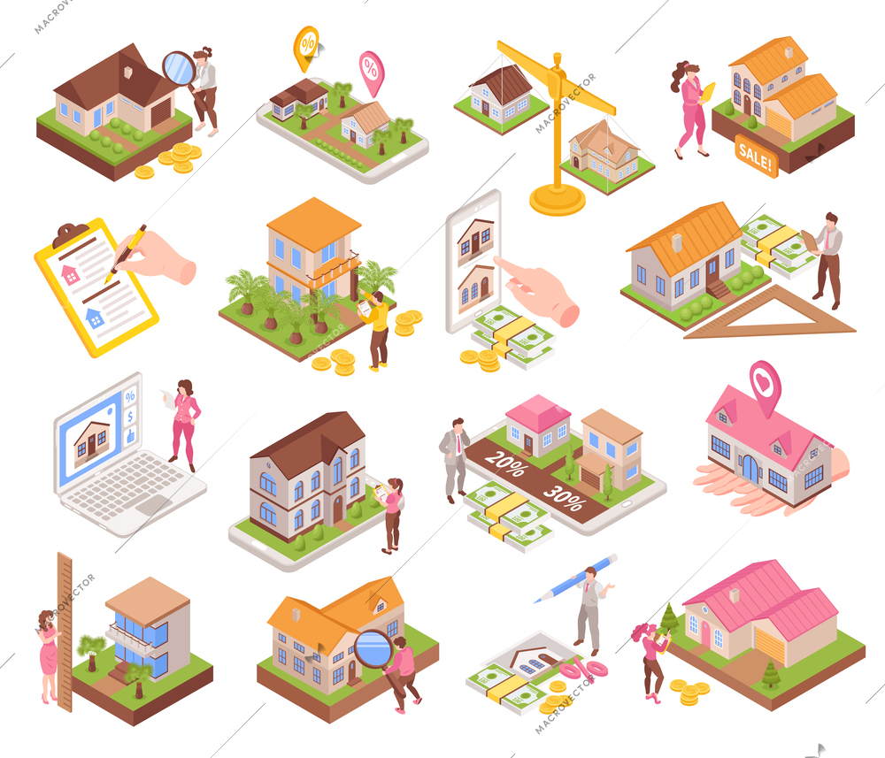 Real estate appraisal isometric icons set with apartment value estimation scenes isolated vector illustration