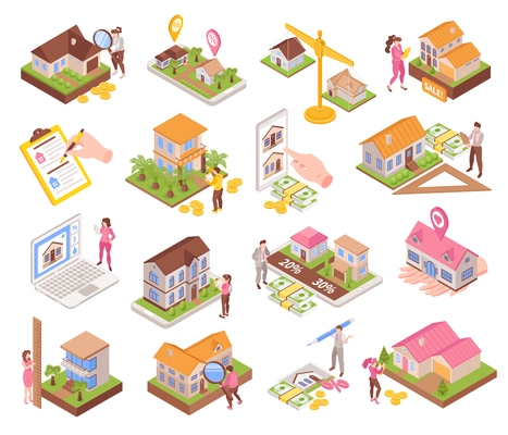 Real estate appraisal isometric icons set with apartment value estimation scenes isolated vector illustration