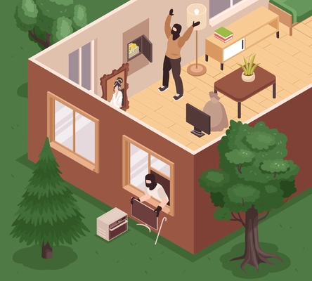 Isometric burglar robbery scene with criminal breaking into apartment vector illustration