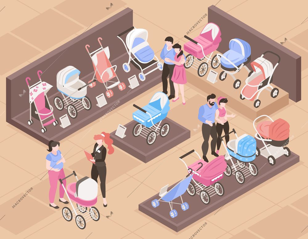 Isometric baby carriage store concept with parents choosing strollers vector illustration