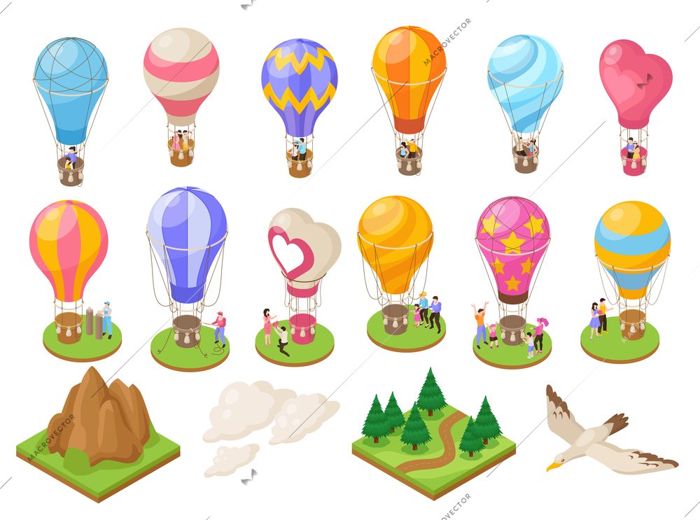 Isometric hot air balloon travel icons set isolated vector illustration