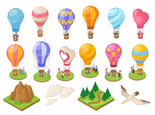 Isometric hot air balloon travel icons set isolated vector illustration