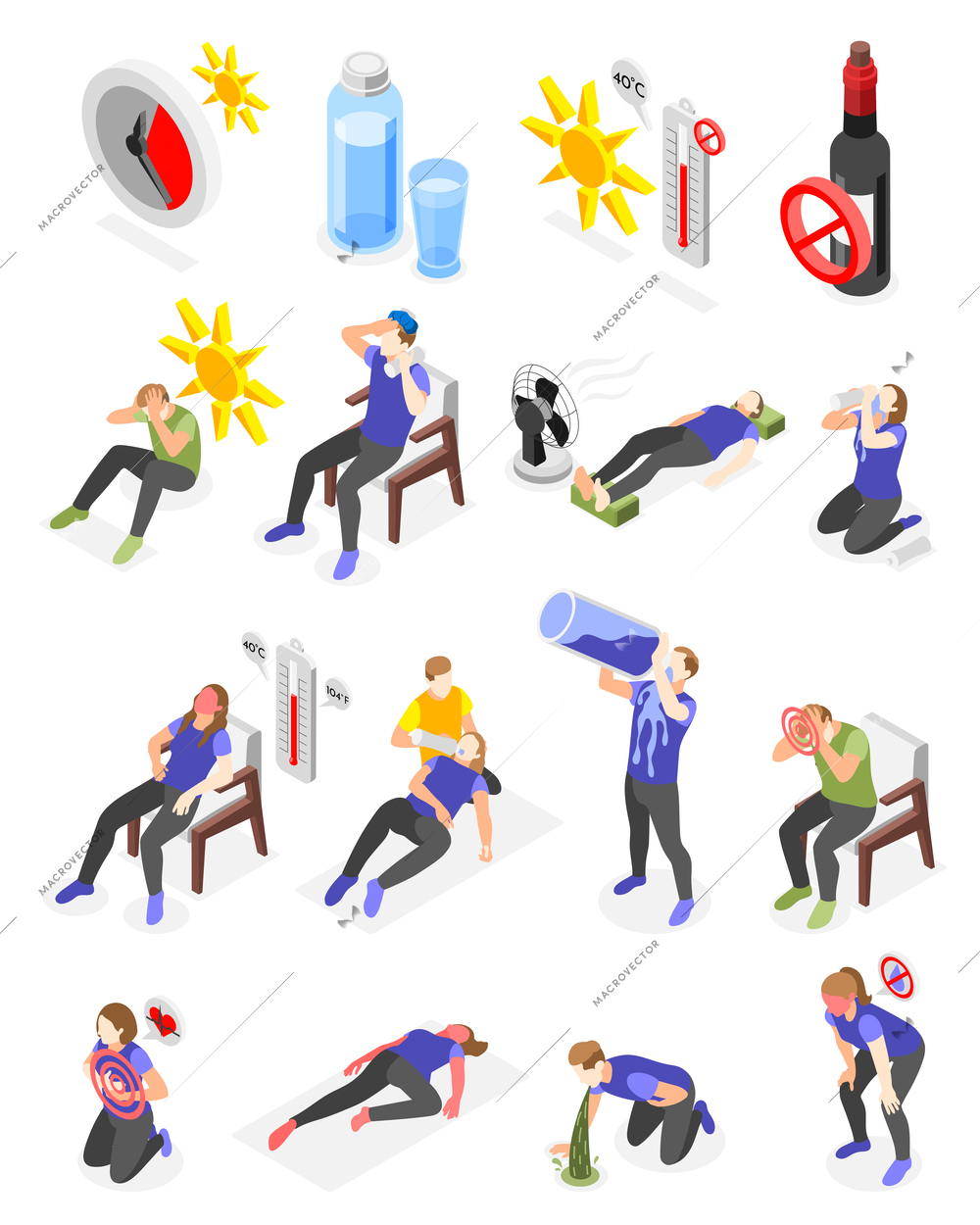 Heat stroke isometric set with isolated icons of water glass clock sun images and suffering people  vector illustration