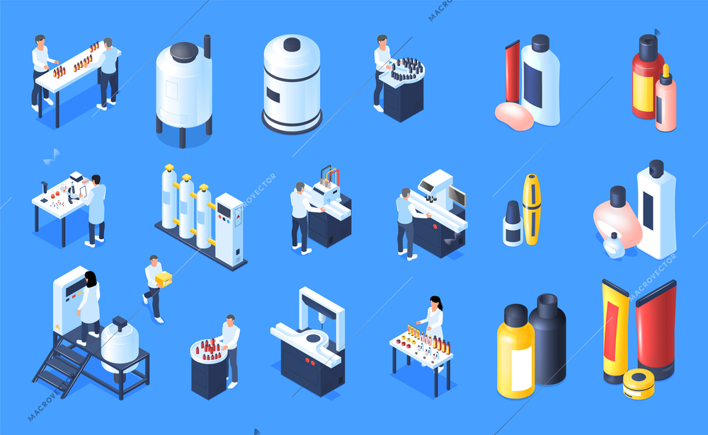 Cosmetics production color set of laboratory and factory equipment and finished products isometric icons solated vector illustration