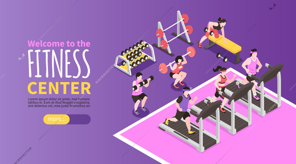 Isometric gym and fitness club horizontal banner with people running on treadmill vector illustration