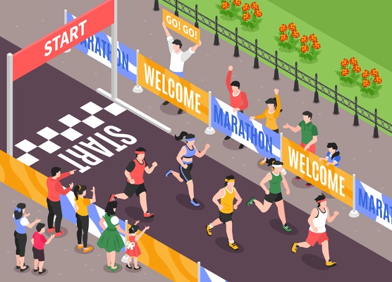Isometric marathon concept with people cheering up running sportsmen vector illustration