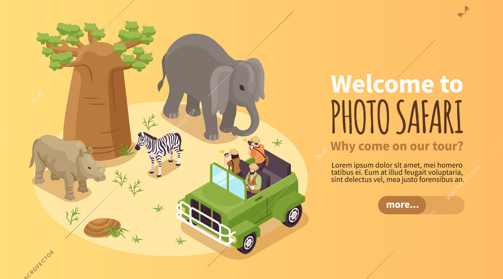 Isometric photo safari horizontal banner with travelers making photos of wild animals vector illustration