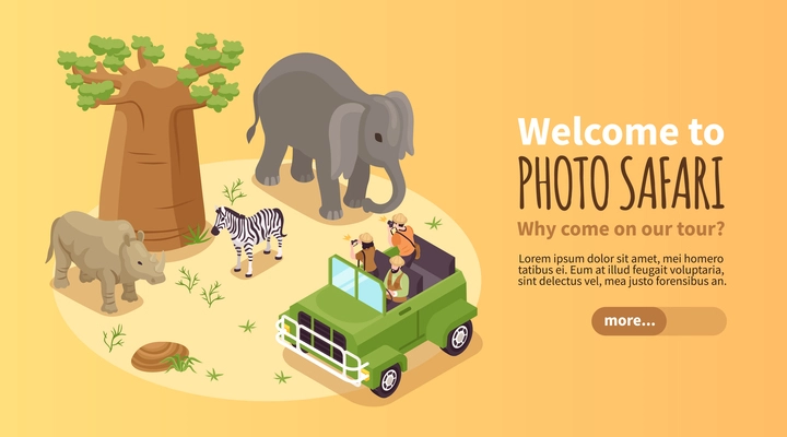 Isometric photo safari horizontal banner with travelers making photos of wild animals vector illustration