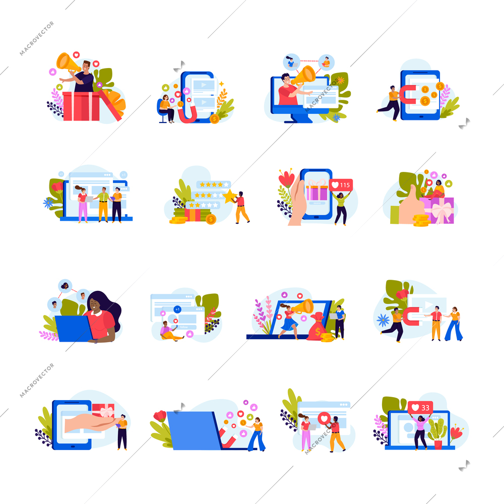 Referral program flat icon set with likes smartphones subscribers and referrals subscription gifts people behind notebooks vector illustration