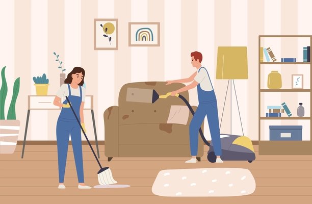 Professional cleaning service flat composition with people doing housework vector illustration