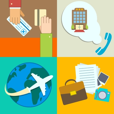Business travel infographics icons set with hands of ticket purchase hotel booking and flight vector illustration