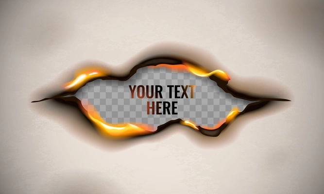 Burnt paper realistic set with hole in brown paper with editable text and flames of fire vector illustration