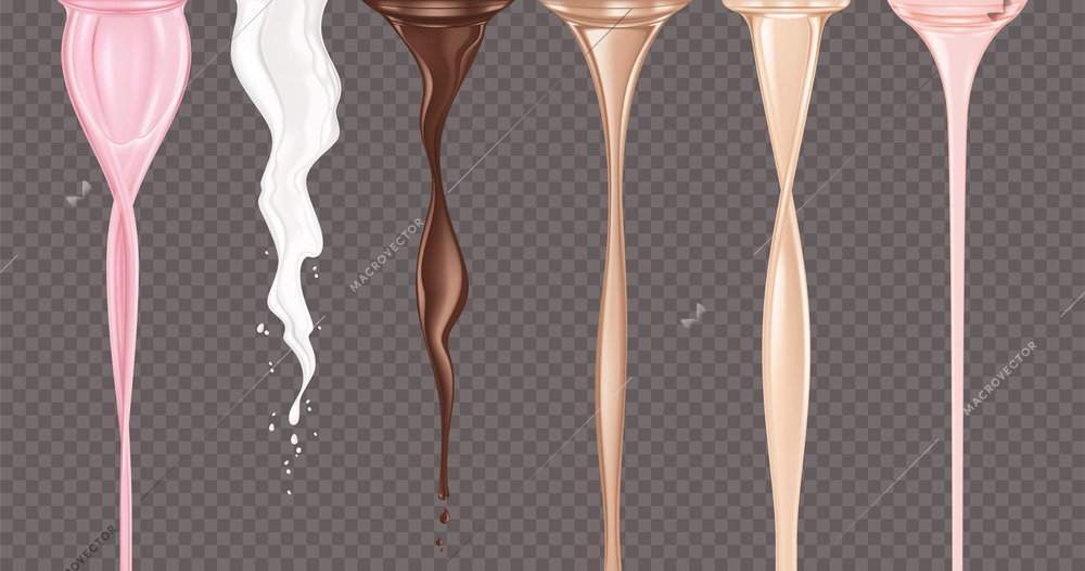 Falling flow liquid realistic set in milk and chocolate color shades on dark transparent background isolated vector illustration