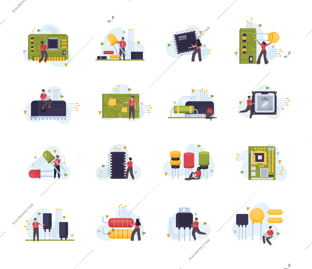 Microchip flat icons set with semiconductor microprocessor motherboard and tiny human characters isolated vector illustration