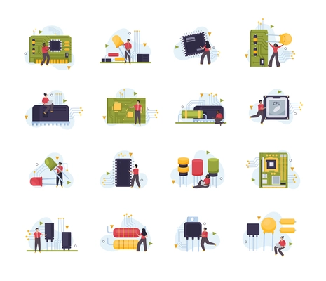 Microchip flat icons set with semiconductor microprocessor motherboard and tiny human characters isolated vector illustration