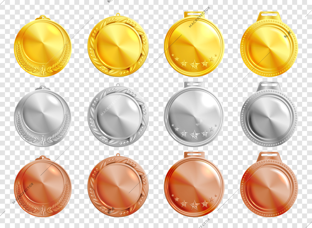 Twelve round golden silver and bronze realistic medallions mockup on transparent background isolated vector illustration