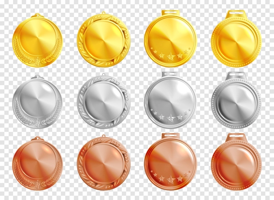 Twelve round golden silver and bronze realistic medallions mockup on transparent background isolated vector illustration