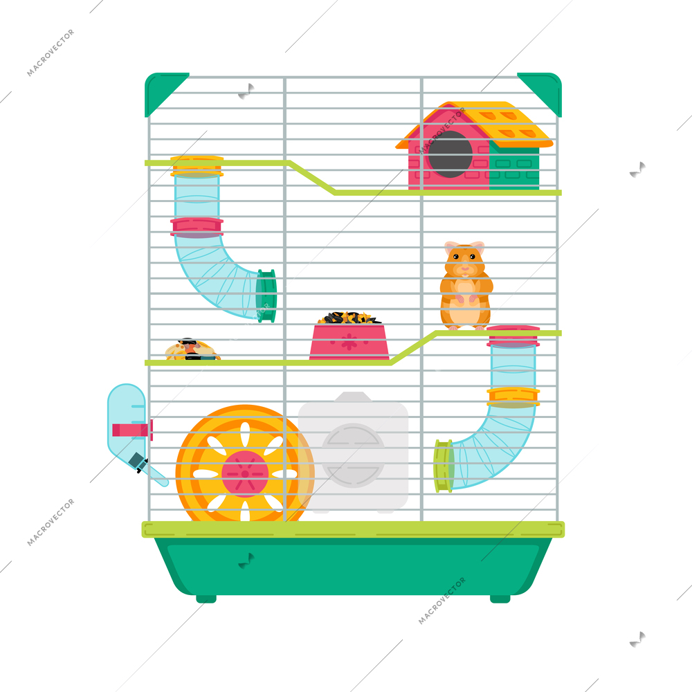 Hamster cage flat image with tunnel exercise wheel water bottle food dish on white background cartoon vector illustration