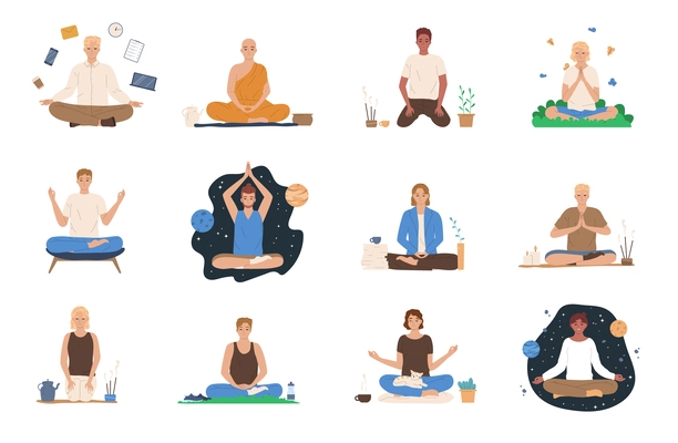 Mindfulness and meditation flat icons set with people in lotus yoga pose isolated vector illustration