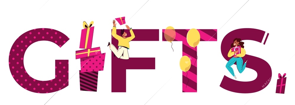 Give gifts flat composition with big text and letters made from gift boxes balloons and people vector illustration