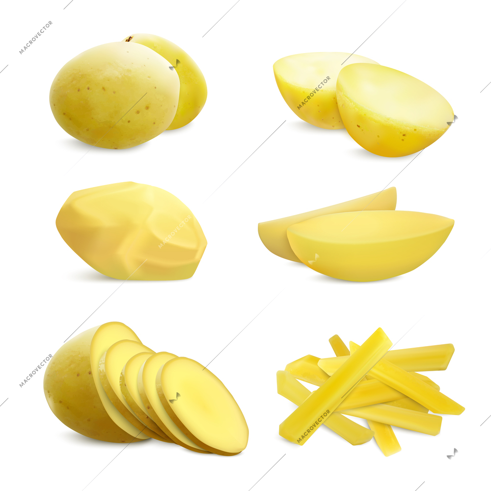 Potatoes set of realistic compositions with isolated images of whole ripe potatoes sliced in different ways vector illustration