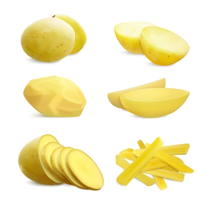 Potatoes set of realistic compositions with isolated images of whole ripe potatoes sliced in different ways vector illustration