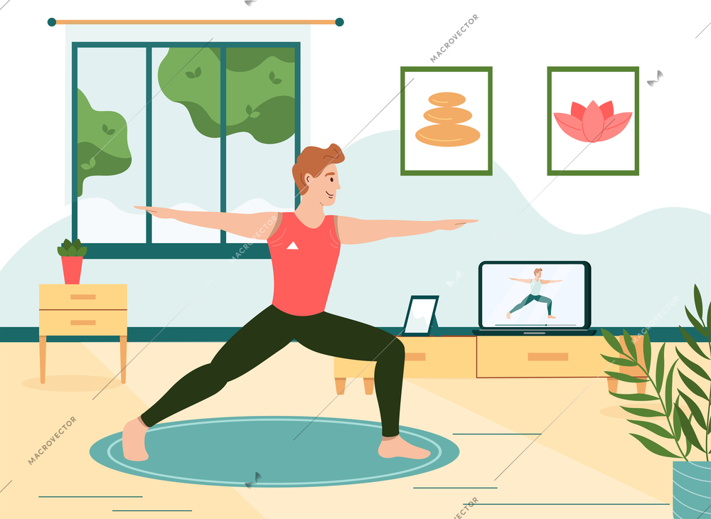 Man healthy lifestyle flat composition with indoor view of living room with male character online yoga vector illustration