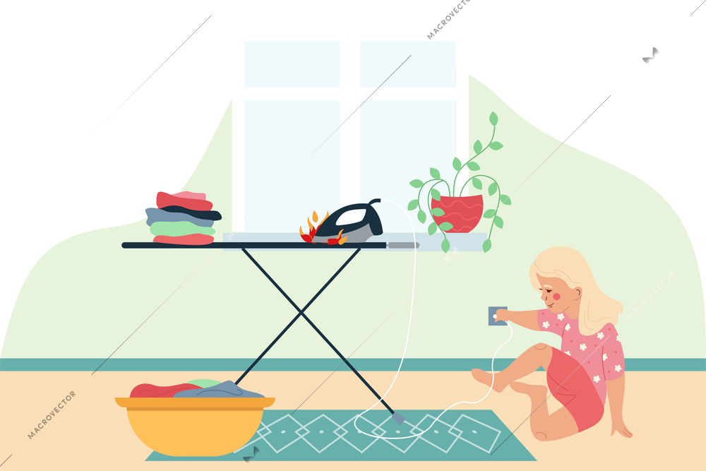 Dangerous things flat composition with little girl turning on iron without supervision vector illustration