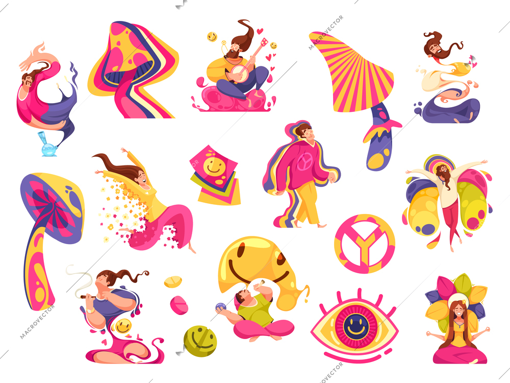 Hallucination cartoon set of trippy mushrooms and hippie characters under influence of psychedelic drugs isolated vector illustration