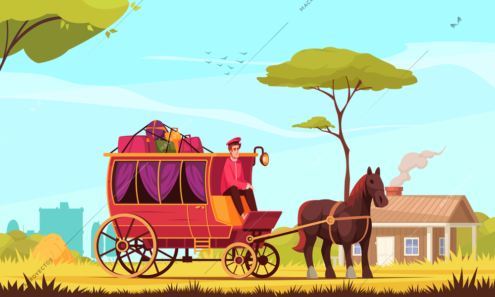 Horse drawn carriage colored rustic background with coachman delivering passengers and luggage cartoon vector illustration